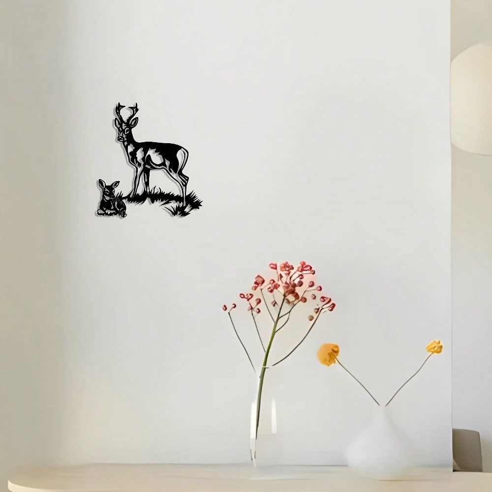 Elegant Minimalist Iron Deer & Fawn Wall Art, Abstract Nature Decor for Home Office Patio, Gift