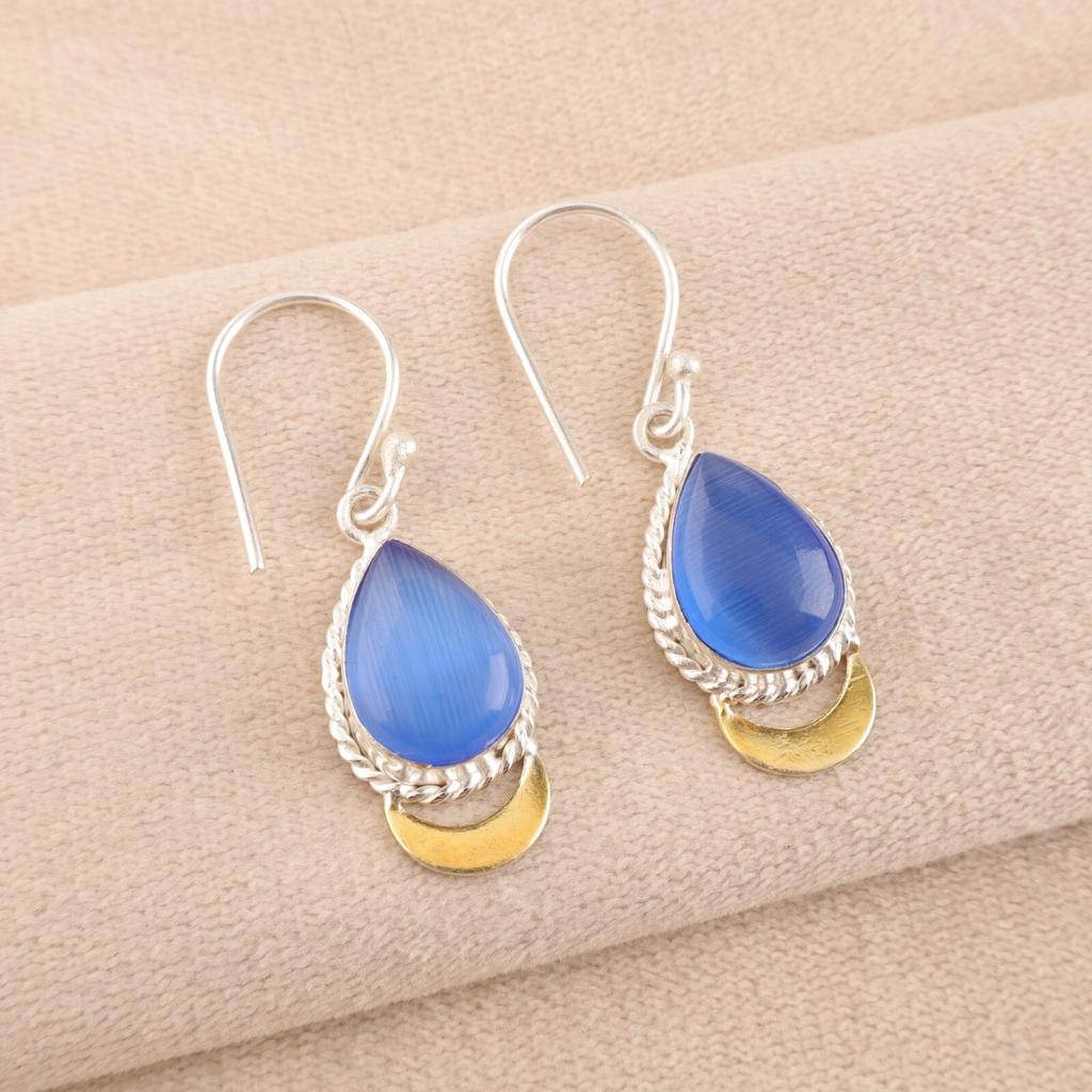 Dark Blue Cat's Eye Gemstone 925 Sterling Silver Jewelry Handmade Earrings 1.5" EE-162-37