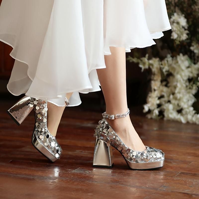 Fashion Women's New Spring and Autumn Square Head Sexy Nightclub Sequin Leather Waterproof Platform High Heel Elastic Belt Single Shoes