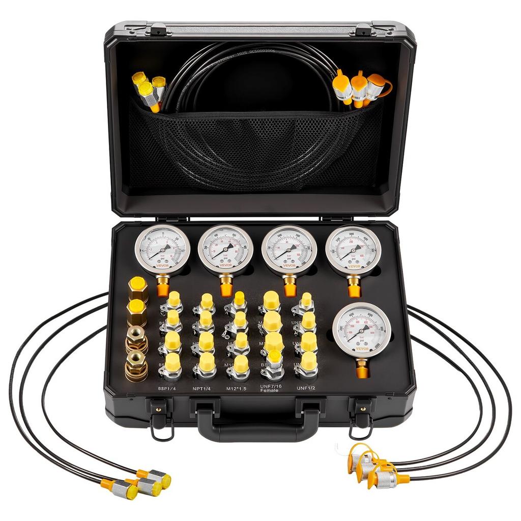 Hydraulic Pressure Test Kit, 10/60/160/400/600 Bar (150/900/2300/6000/9000 PSI), Hydraulic Gauge Kit 5 Gauges 20 Couplings 4 Quick-Release Couplers 3