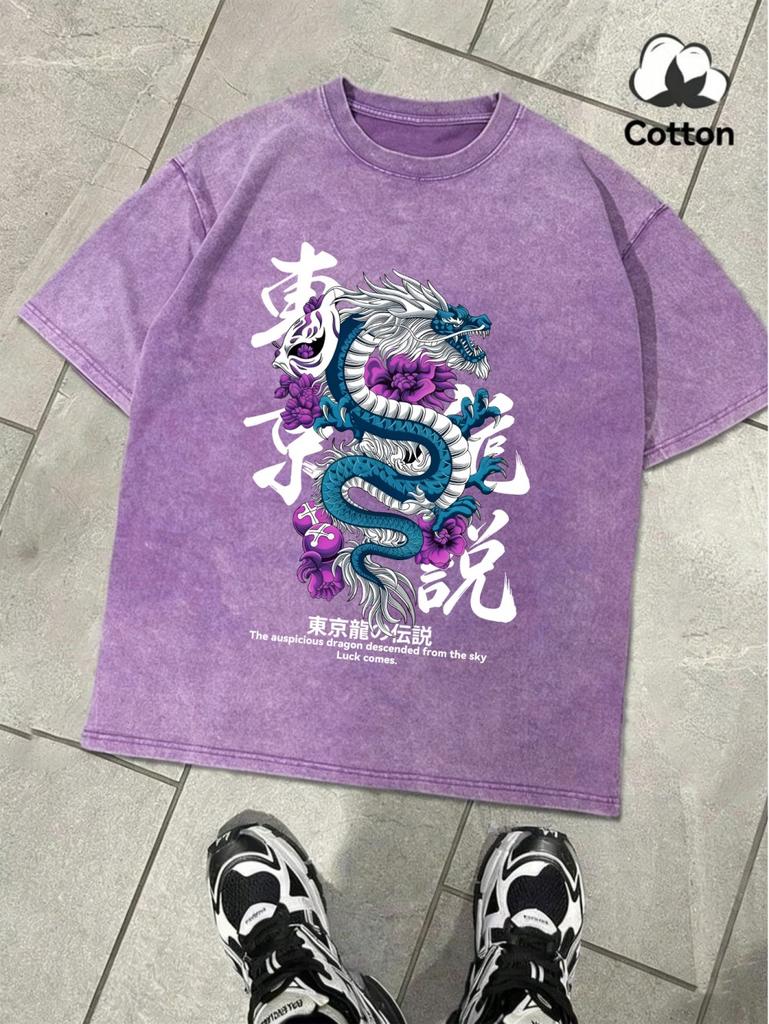 Legend Of The Tokyo Dragon Prints Washed TShirts Mens Oversized Cotton T Shirts Summer ONeck Distressed Tops Basic Clothes