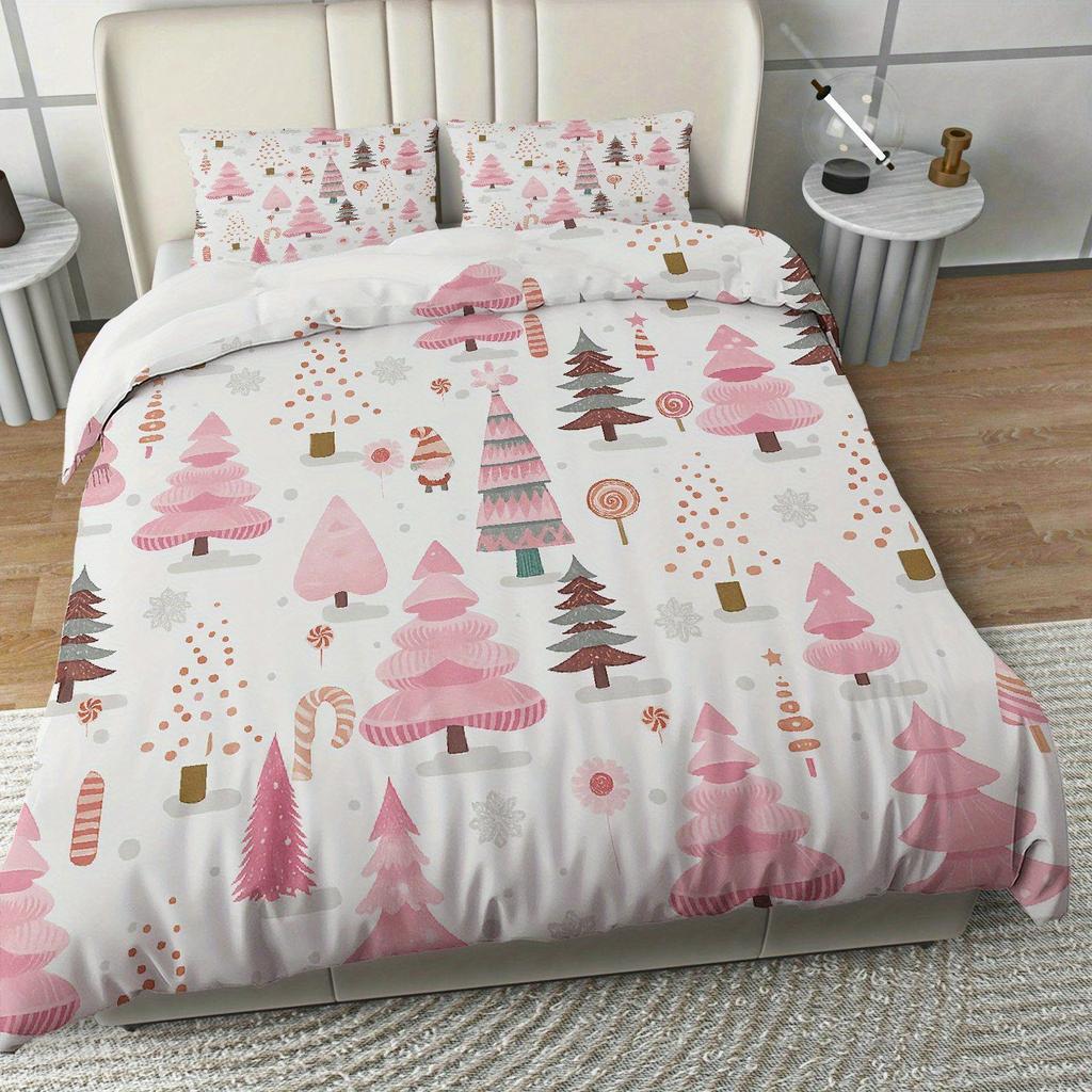 3Pcs Pink Christmas Tree & Candy Snowflake Duvet Cover Set - Soft Comfortable Polyester Bedding With Zipper Closure