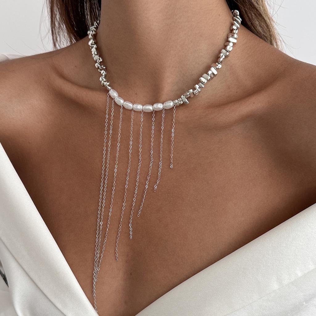 Temperament Imitation Pearl Fringed Beaded Collarbone Necklace, Hip-Hop Style Diamond-Encrusted Cross Collar For Women