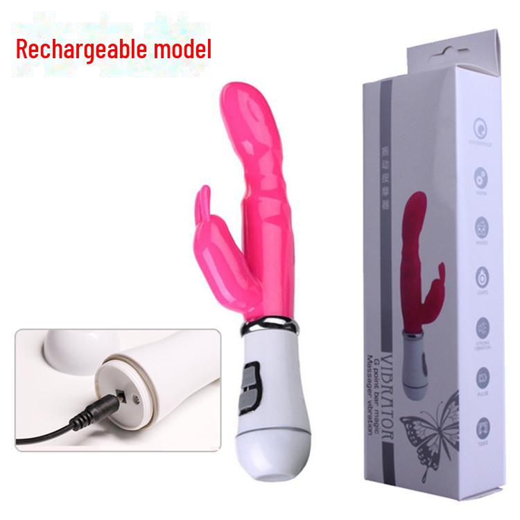 Vibrator reîncărcabil cu șoc dublu pentru punctul G, tip iepure, pentru cupluri - Dispozitiv de masaj cu vibrații intense