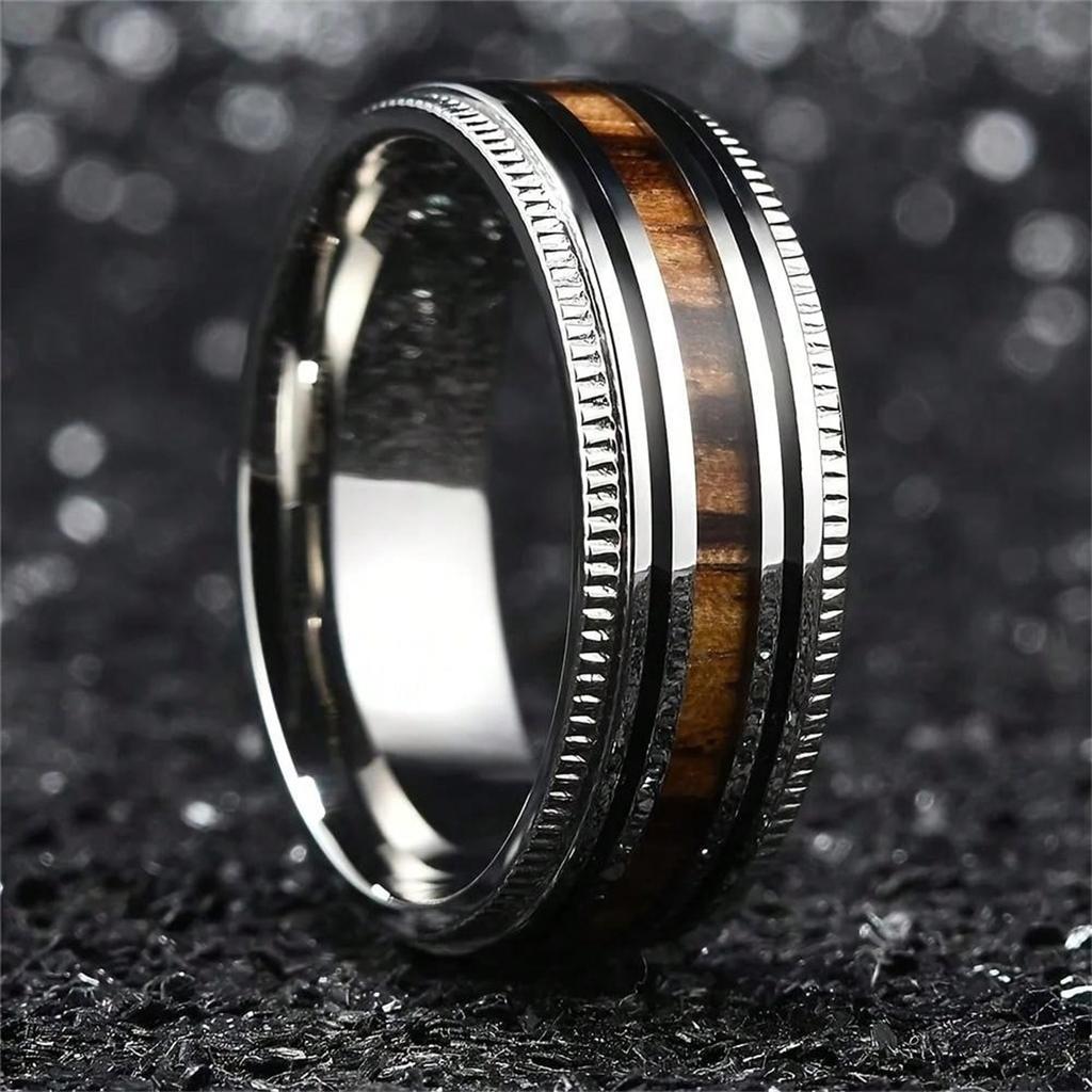 Fashion Copper Color Men Stainless Steel Koa Wood Rings Sawtooth Edge Engagement Rings For Men Women Wedding Party Jewelry Gifts
