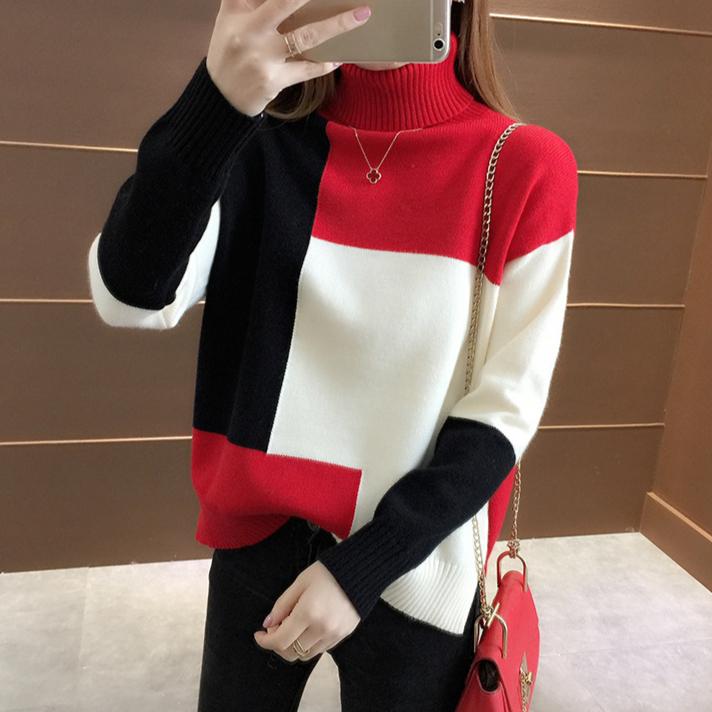 Fall/Winter Women Turtleneck Sweater Loose Color-Block Thick Pullover Knitwear Stretch Long-sleeved Split Knit Top Jumper Outwear