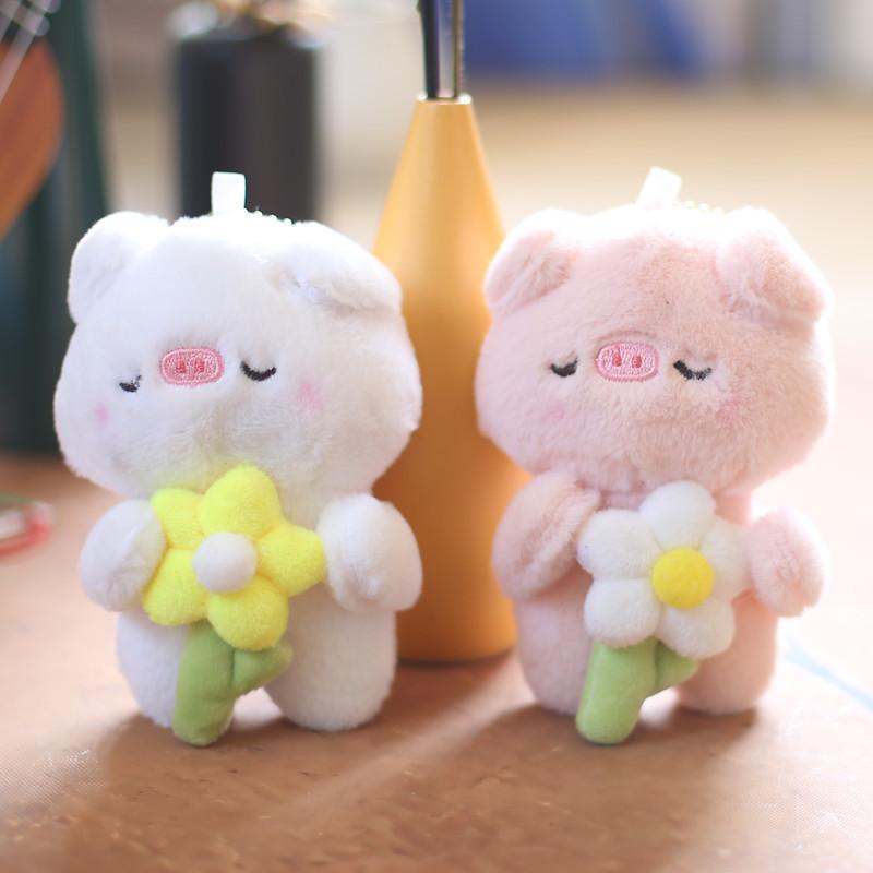 Fluffy Pig Plush Keychain Soft Animal Backpack Decoration Cute White Pink