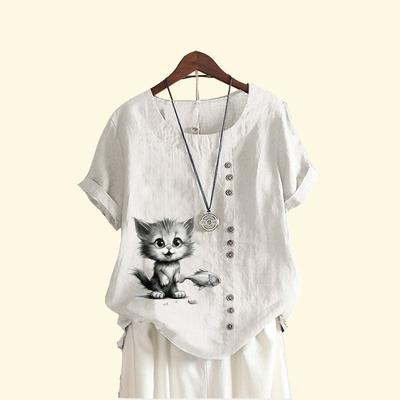Ladies Pullover Loose Linen Blouse Women Casual Round Neck Cat Print Top Summer Fashion Short Sleeve T-shirt