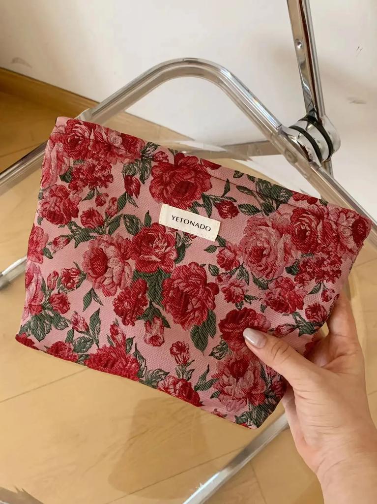 INS Style Vintage Flowers Cosmetic Bag Portable Hand Cosmetic Bag Travel Out Toiletries Storage Bag Makeup Tools Storage Pouch