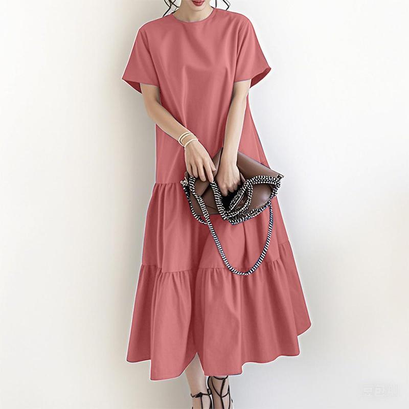 ZANZEA Women Casual Round Neck Solid Color Short Sleeve Long Dress
