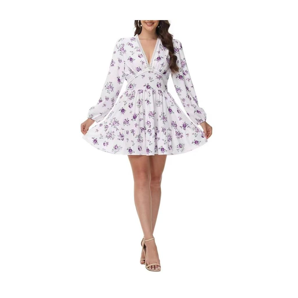 Spring New Women's Sweet Elegant Printed V-Neck Lace Short Mini Dress, European & American Style Casual Party Dress for Women