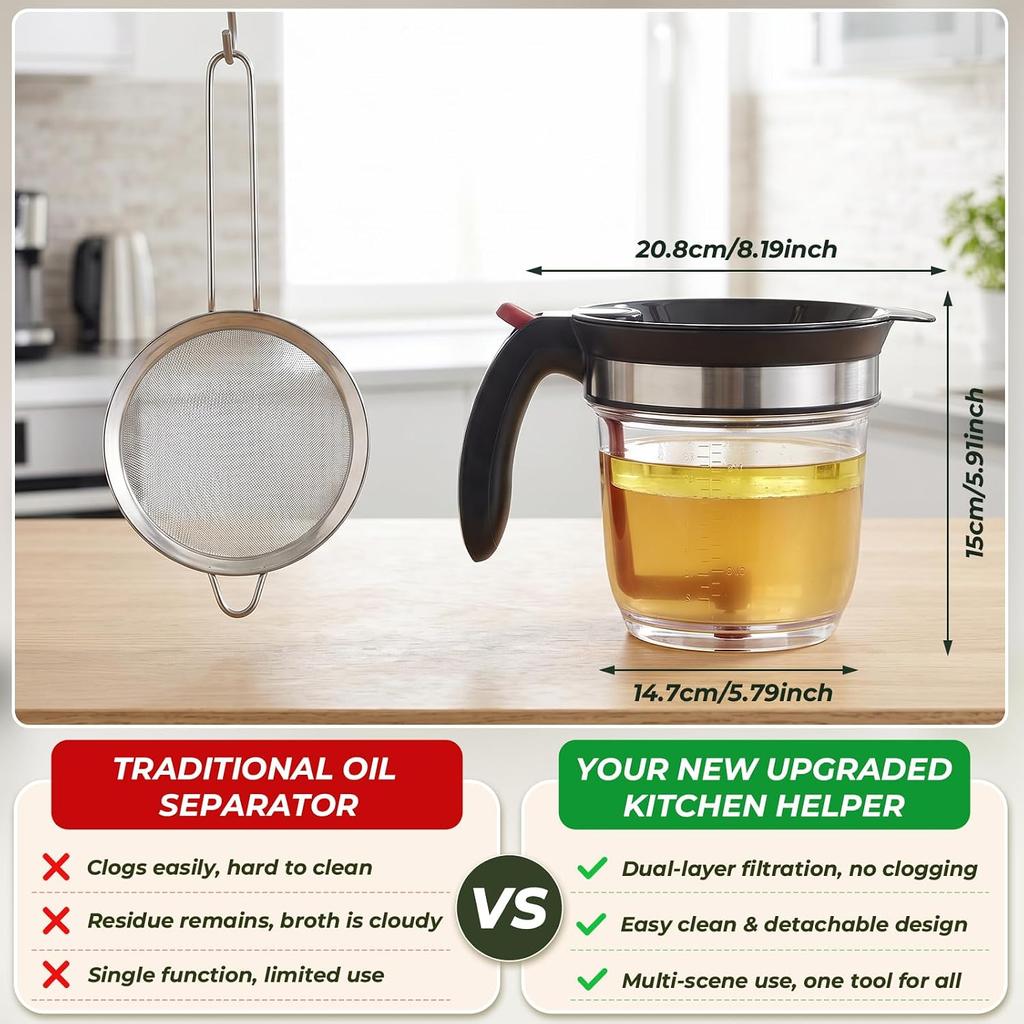 Bottom Release Gravy Heat-Resistant Fat Separator with Fine Mesh Strainer for Cooking Oil Broth Soup and Pan Drippings