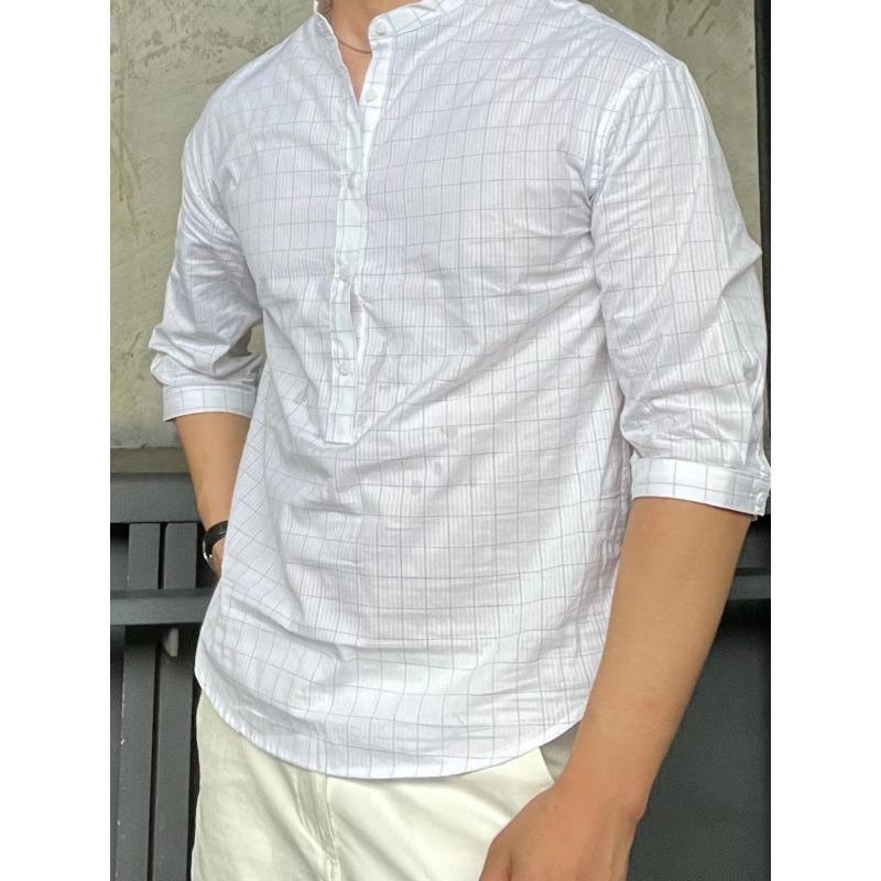 

Men s White Geometric Print Stand Collar 3/4 Sleeve Casual Henley Shirt M белый