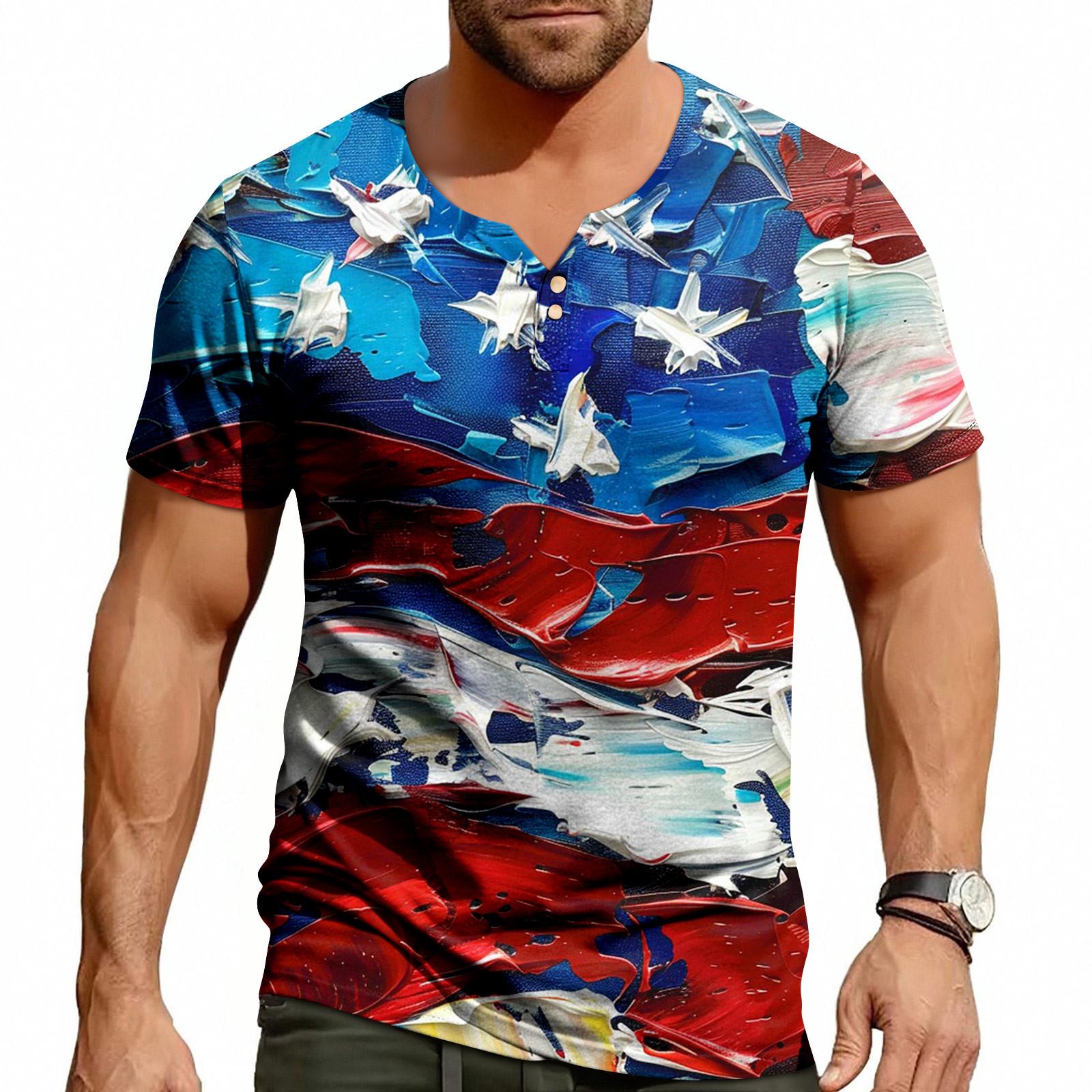 

Мужской повседневный летний топ с V-образным вырезом и короткими рукавами на пуговицах, с принтом Independent Day, с короткими рукавами XL циан