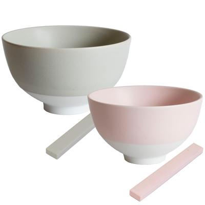 Tramparan Mino Ware Chopstick Rest & Rice Bowl Set (Stone Gray M & Flower Pink S) - Couple's Rice Bowl Set, Wedding Gift, Pair Set