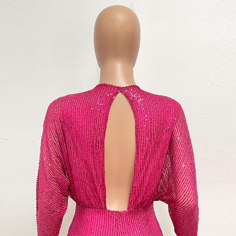 Dress Summer Women's Deep V Backless Cutout Dress Long-sleeved Sequin Hip Wrap Dress
