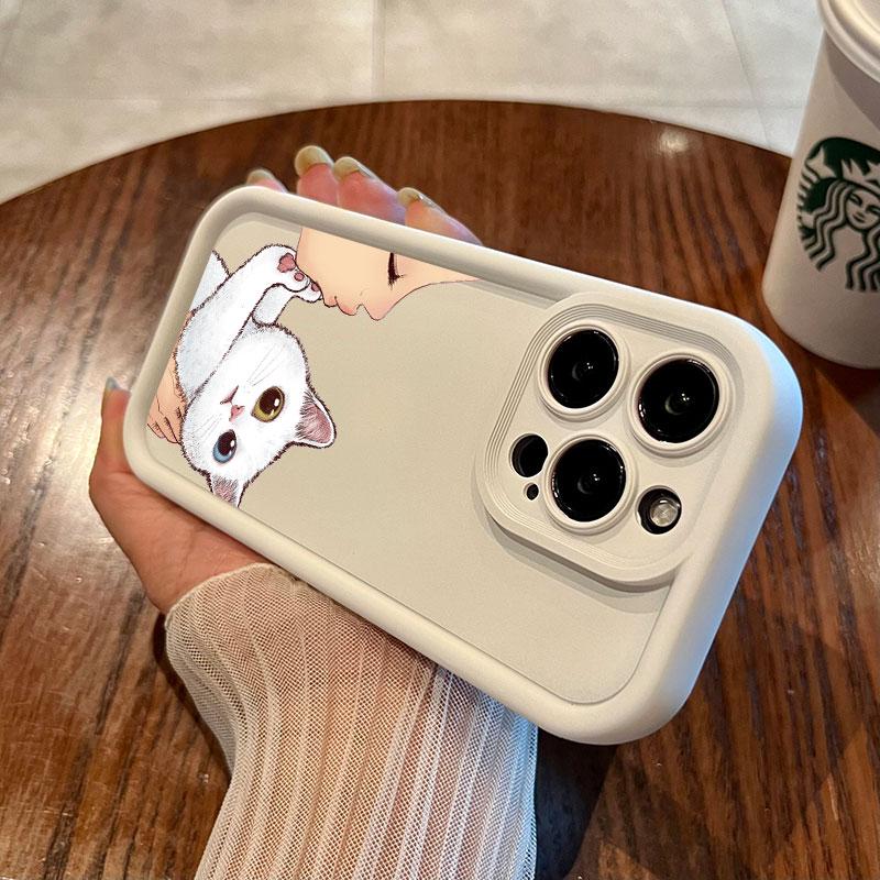 Cat Kissing Illustration Art Phone Case for iPhone 17 16 15 14 13 12 11 Series Pro Max Plus Double Layer Protection