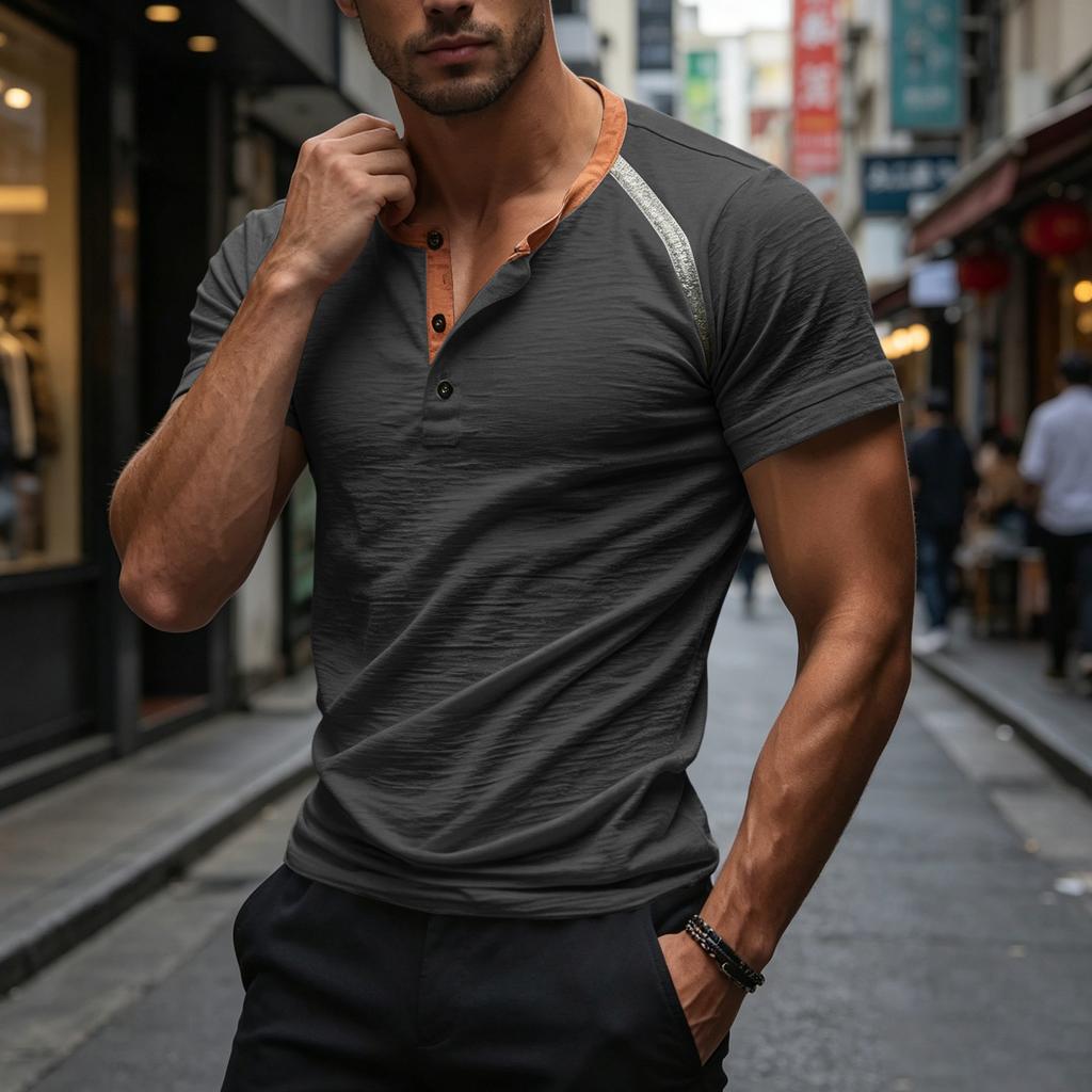 Men Casual Three Button Short Sleeve Henley Shirt Trim Raglan Crewneck Lightweight Summer Top