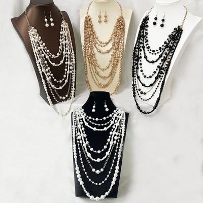 European and American Exaggerated Multi-layer High-end Pearl Necklace Temperament Versatile Sweater Chain High-end Long Earring Set