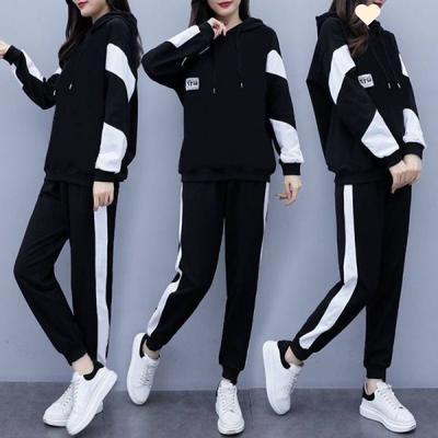 Velvet Thickened Hooded Suit for Women In Autumn and Winter Fat Large Size Loose Casual Sports Two-piece Set