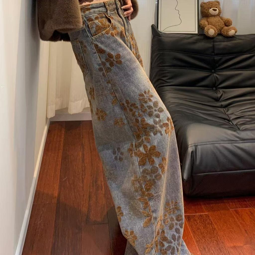 Damen Blumenprint Jeans Weite Passform Denim Hose Japanische Ästhetik Retro 2000er Abi Y2K Harajuku Cowboy High Street Chic