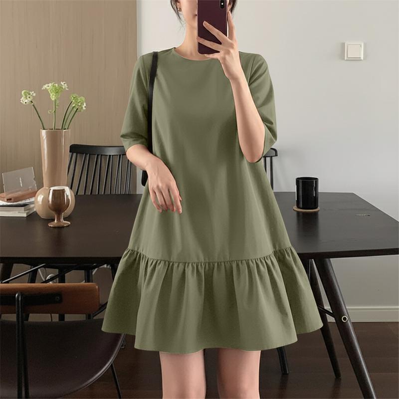 ZANZEA Women Casual Round Neck Solid Color Half Sleeve Dress
