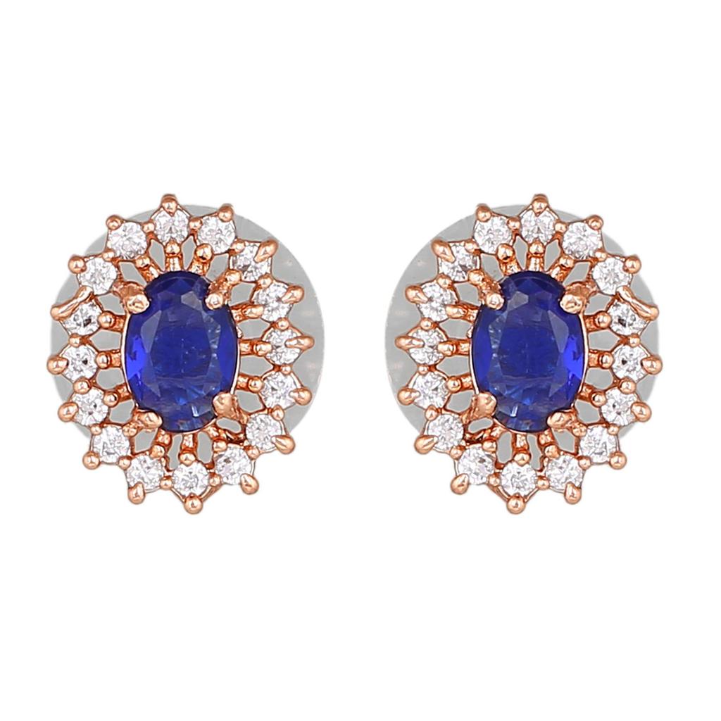 Beautiful Estele Round Designer Stud Earrings Rose Gold Plated With Blue Stones For Women