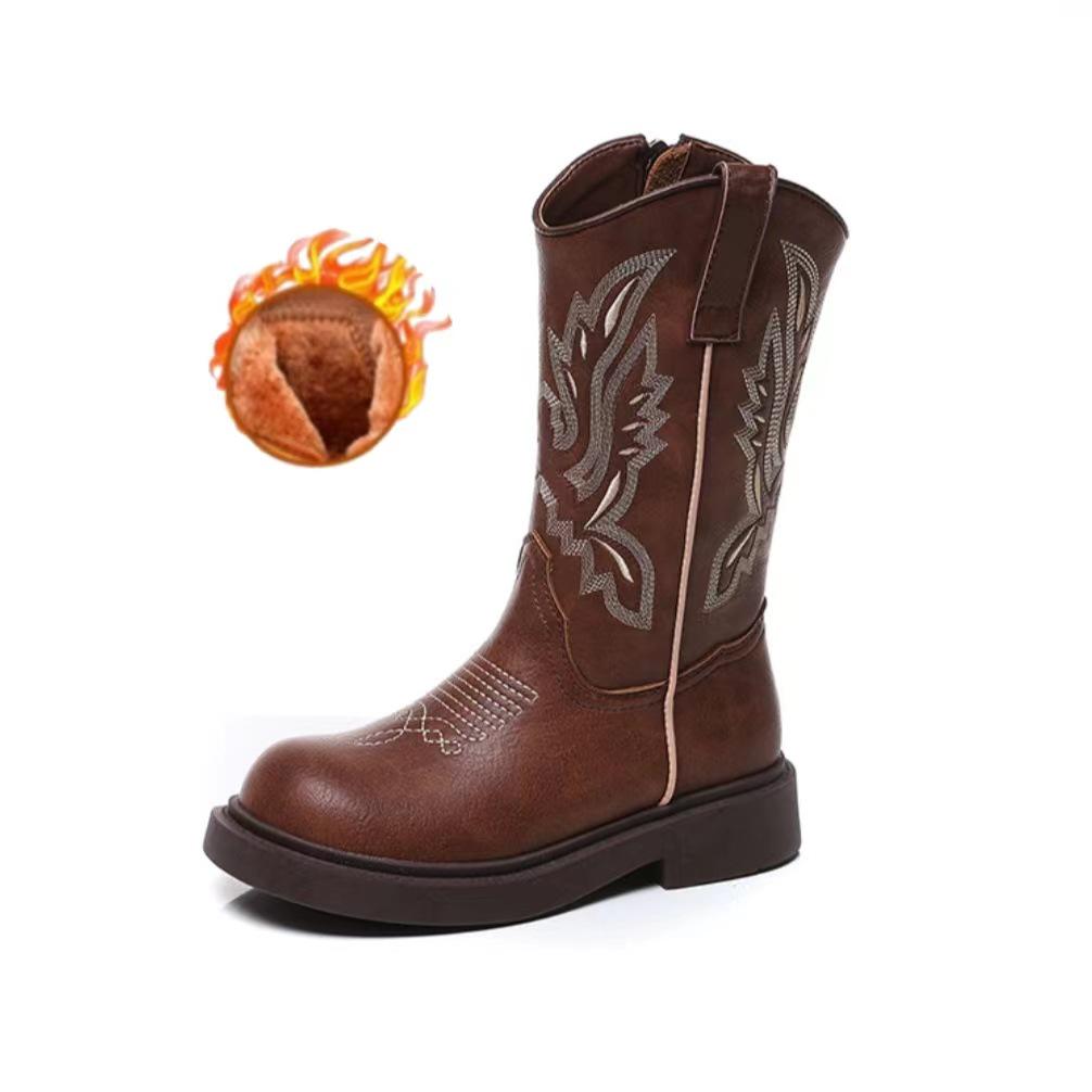 Children's Retro Brown Embroidered Chelsea Boots - Soft Sole Mid-Calf Denim Leather for Girls