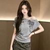 Grey Printed Slanted Shoulder Off-shoulder Short-sleeved T-shirt Women's New Summer Ins Design One-word Shoulder Top
