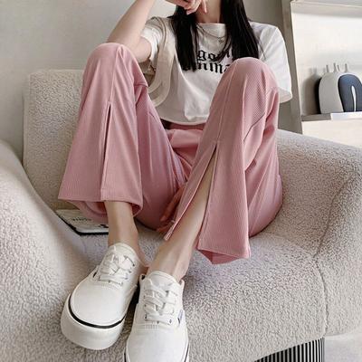 High Waist Drape Ice Silk Pants for Women Summer Thin Loose Straight Split Plus Size Casual Wide Leg Pants
