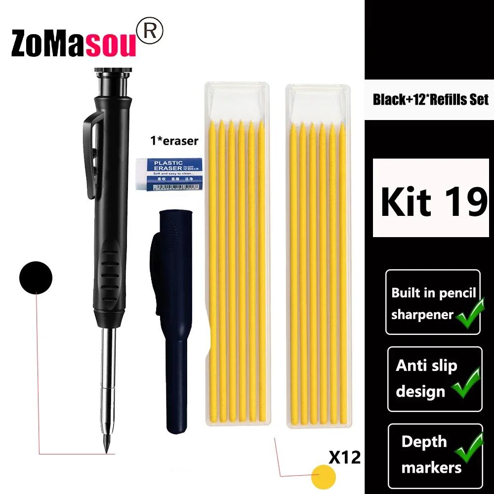 Reuseable Long Head Deep Hole Markers Pen Pencils Solid Carpenter Refill Leads Built-in Sharpener Woodwork Construction Tools