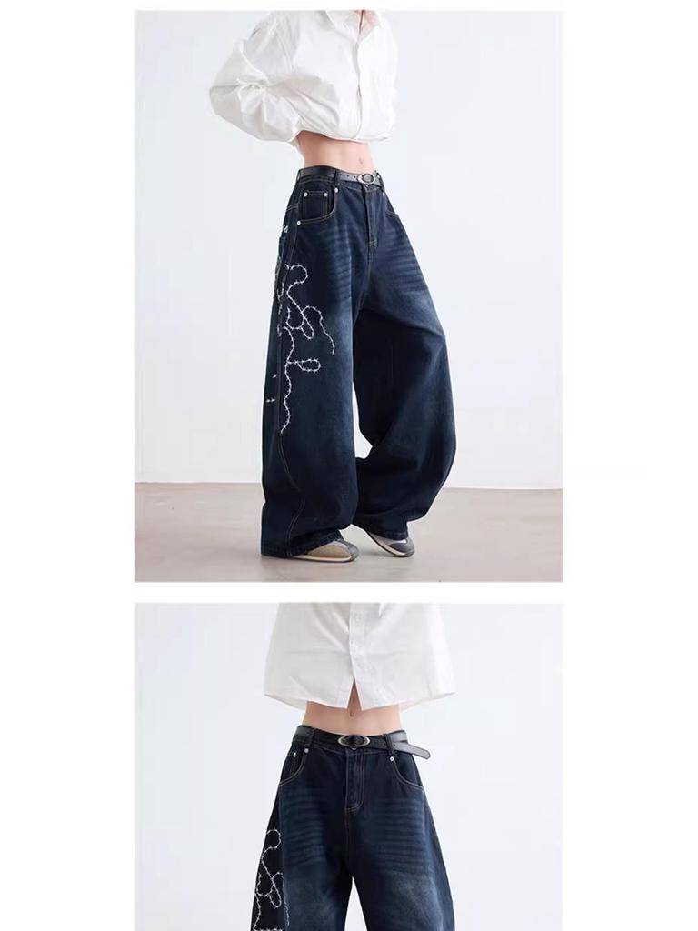 Unisex Retro Rose Embroidered Wide-Leg Jeans