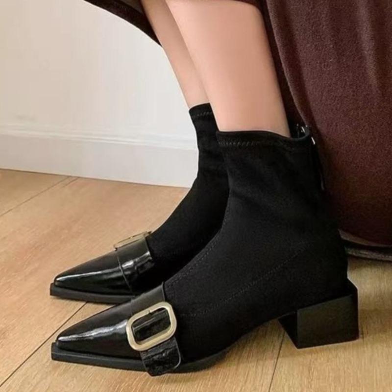 Elegant Pointed Toe Women Ankle Boots Suede Mid Heels Fad Heeled Shoes New Pumps  Winter Casual Woman Short Chelsea Botas