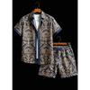 Men's Luxury Architectural Style Printed Two-piece Set, Short Sleeved Shirt And Shorts, For Daily Wear And Exotic Luxury Style