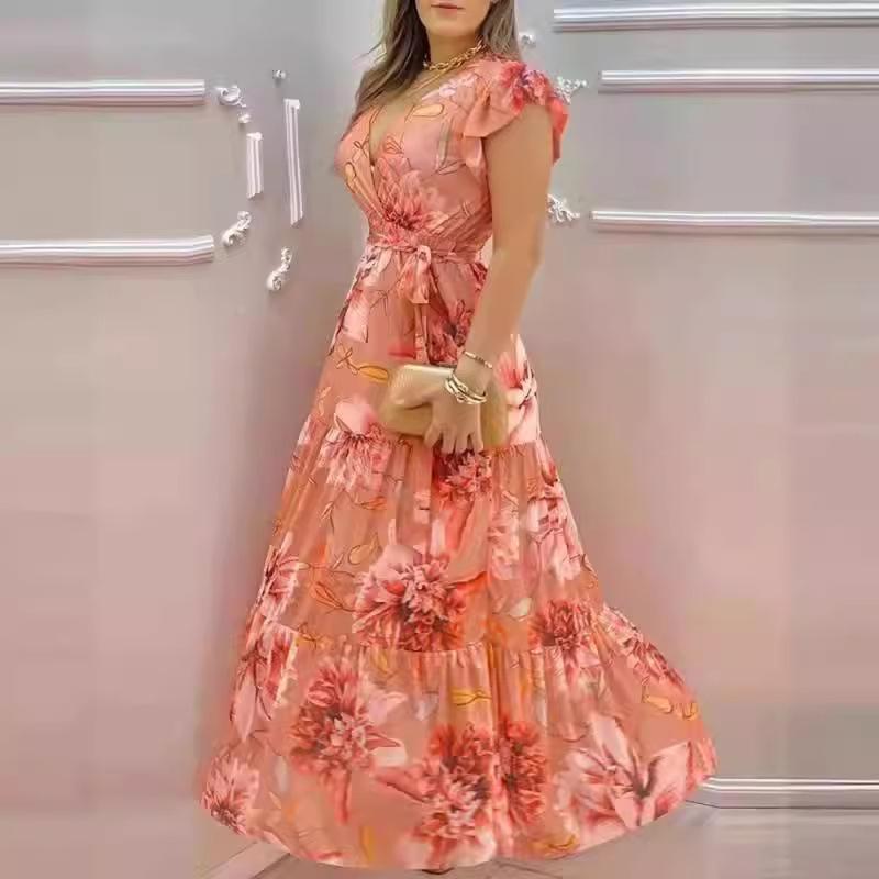 New European and American V-Neck Long Printed Chiffon Dress