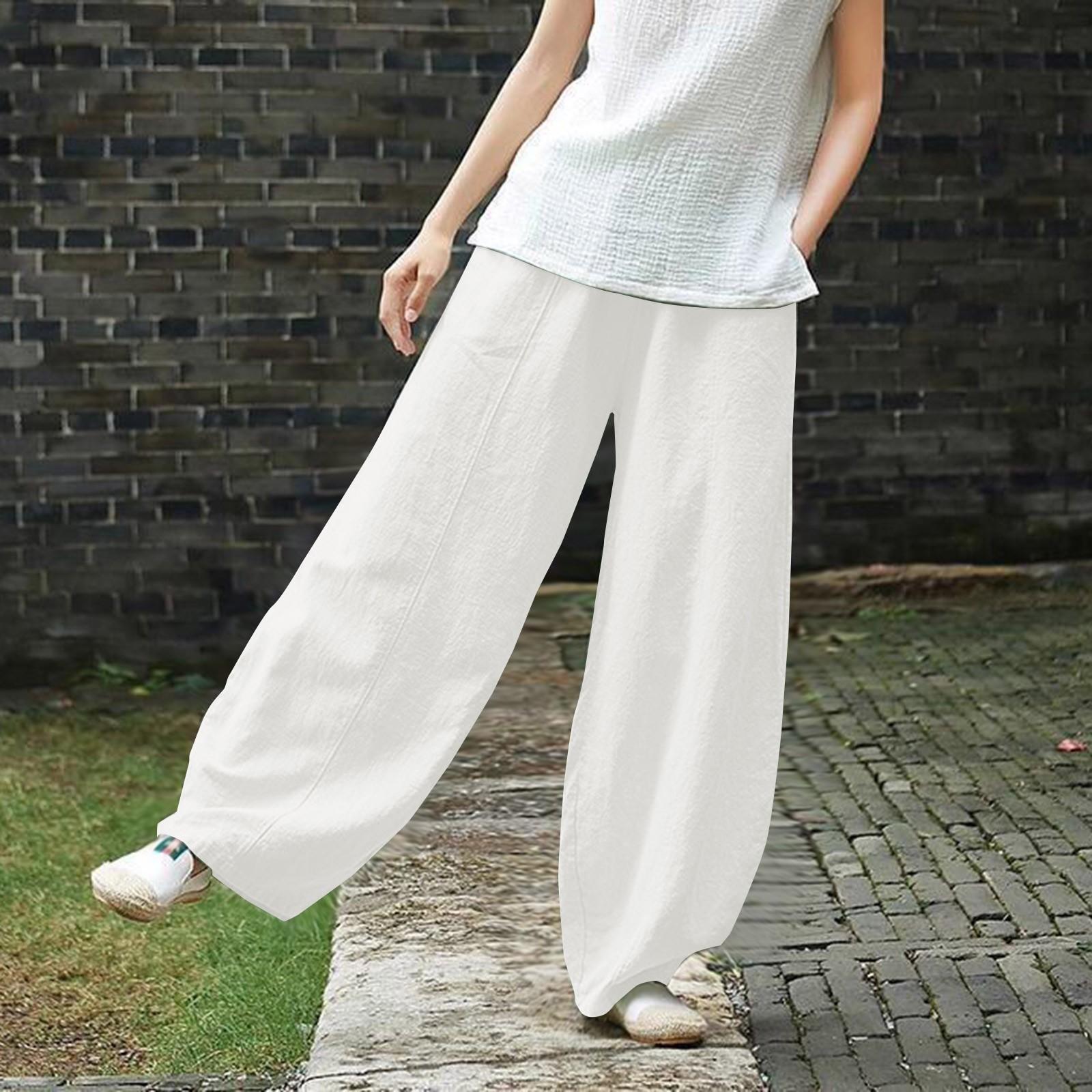 

Женские модные свободные повседневные однотонные брюки из хлопка и льна с карманами XL белый