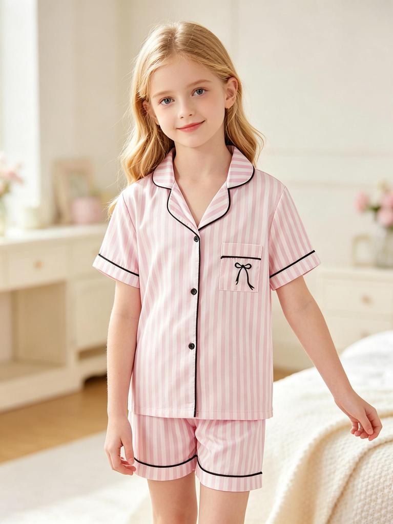 Girls Pink Striped Pajama Set, Short Sleeve Button-Down Sleepwear with Bow, Soft Loungewear for Kids 8-13 Years