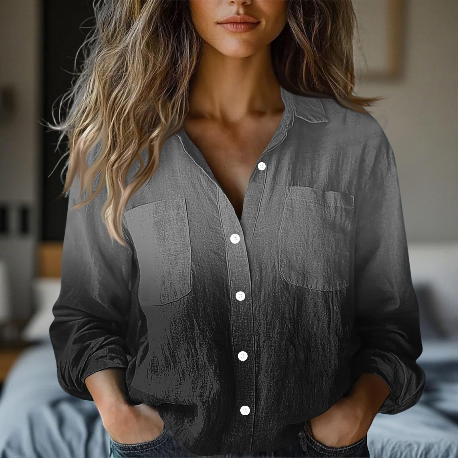 Women s Fashion Button Lapel Pocket Casual Shirt Gradient Long Sleeve Top XXL чёрный
