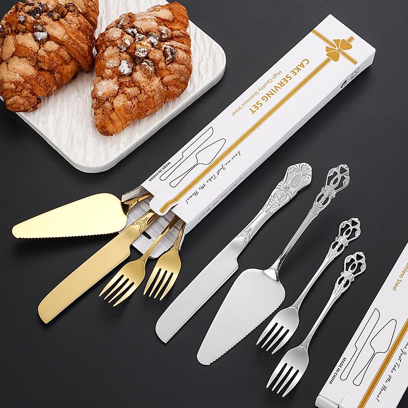 Stainless Steel Cake Cutting Set, Elegant Gold Cake Cutter and Cake Server with Small Forks, Use for Home, Anniversary, Birthday, Wedding, Party
