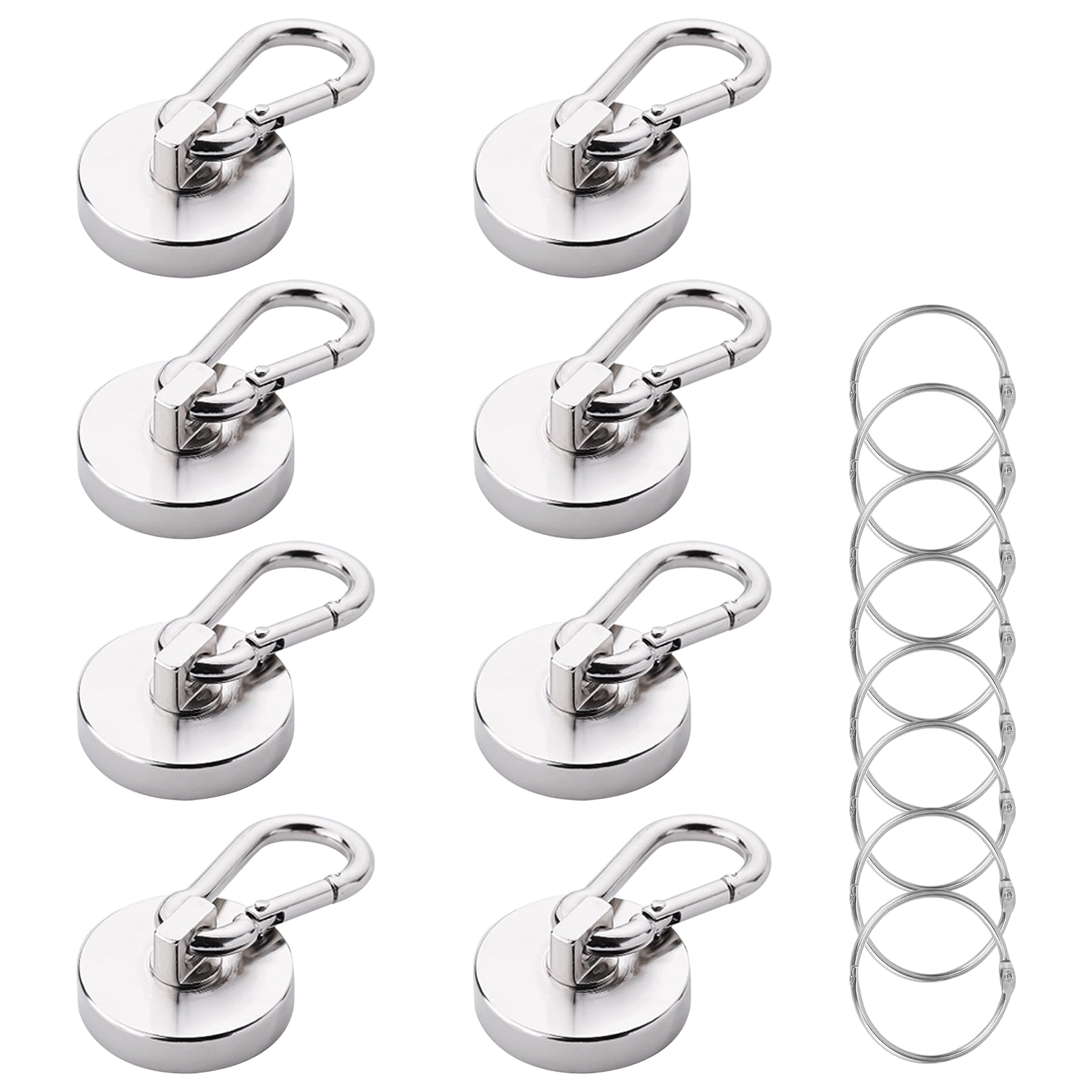 DODOGOD Super Strong Magnet Hooks with Carabiners (Set of 8) - Neodymium Magnets with Carabiners, 68kg Weight Capacity, 42mm Diameter, Strong, Rust-Pr