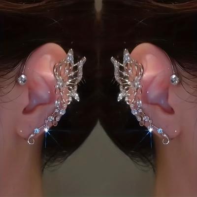 1Pair of Cute Butterfly Women's Earrings, Sparkling Rhinestone Elf Earrings, No Need To Punch Holes