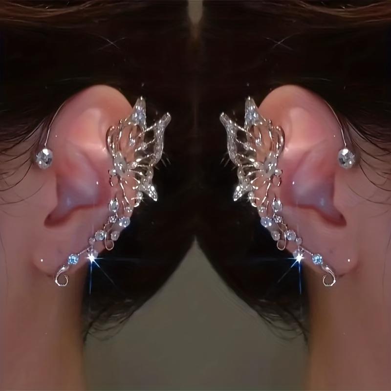 1 пара милых женских серег-бабочек, сверкающие серьги-эльфы со стразами, не требуют прокалывания ушей платиновый