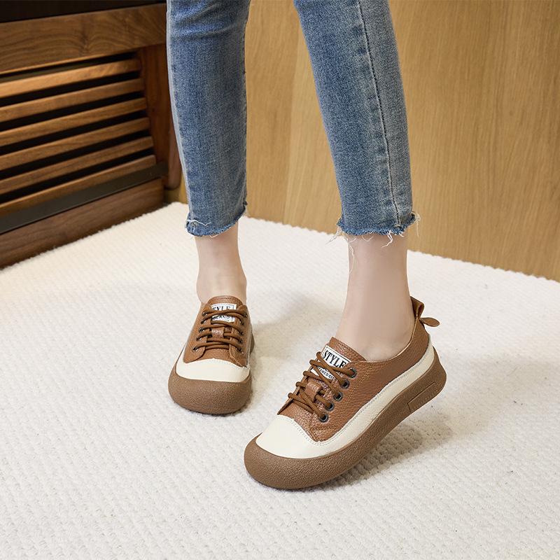 The First Layer of Cowhide Retro Leather Single Shoes Women's 2025 Autumn New Big Head Casual Board Shoes Soft Sole Light Casual Shoes
