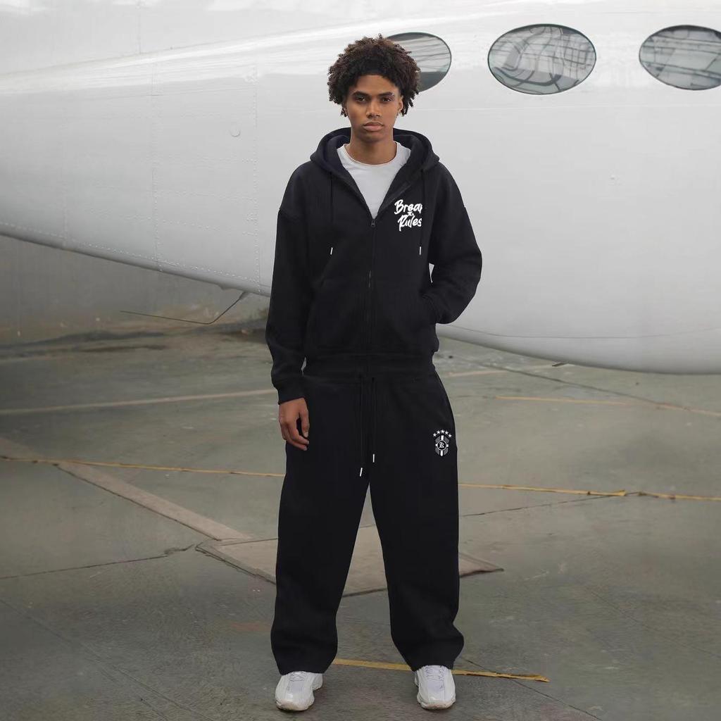 European American Trendy Street Style Graphic Zip-Up Hoodie & Casual Set