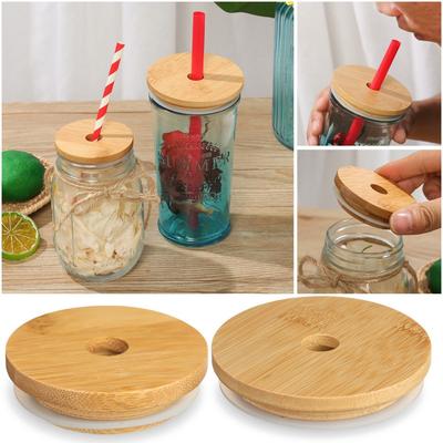 Smoothies Konserve Depolama Şişeleri Bambu Ahşap Kapaklı Saman Delikli Mason Kavanoz Kapaklı Geniş Ağızlı Bardak