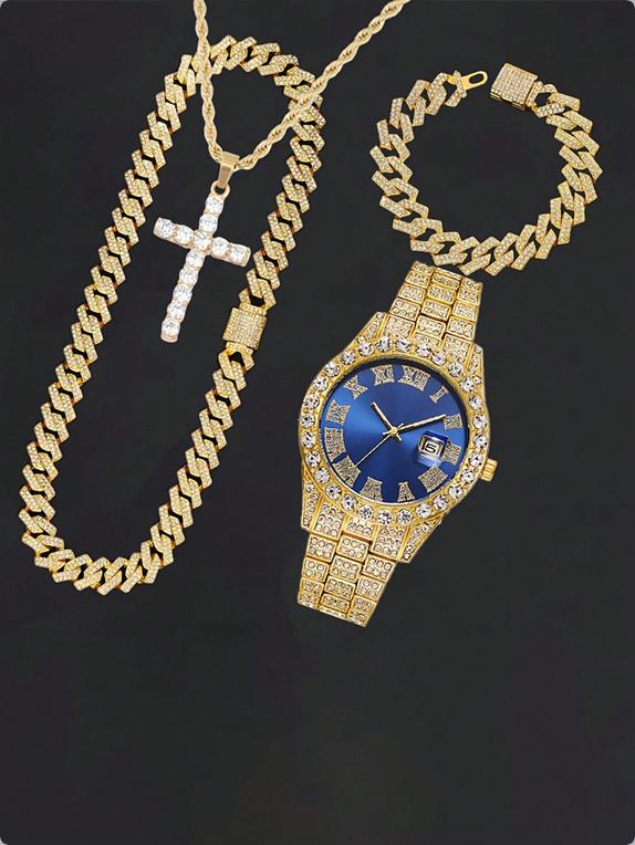 16mm Hip Hop Miami Cuban Link Chain Set Necklace +Watch+Bracelet Creative Iced Out Shiny Trendy Stylish Jewelry For Women Men