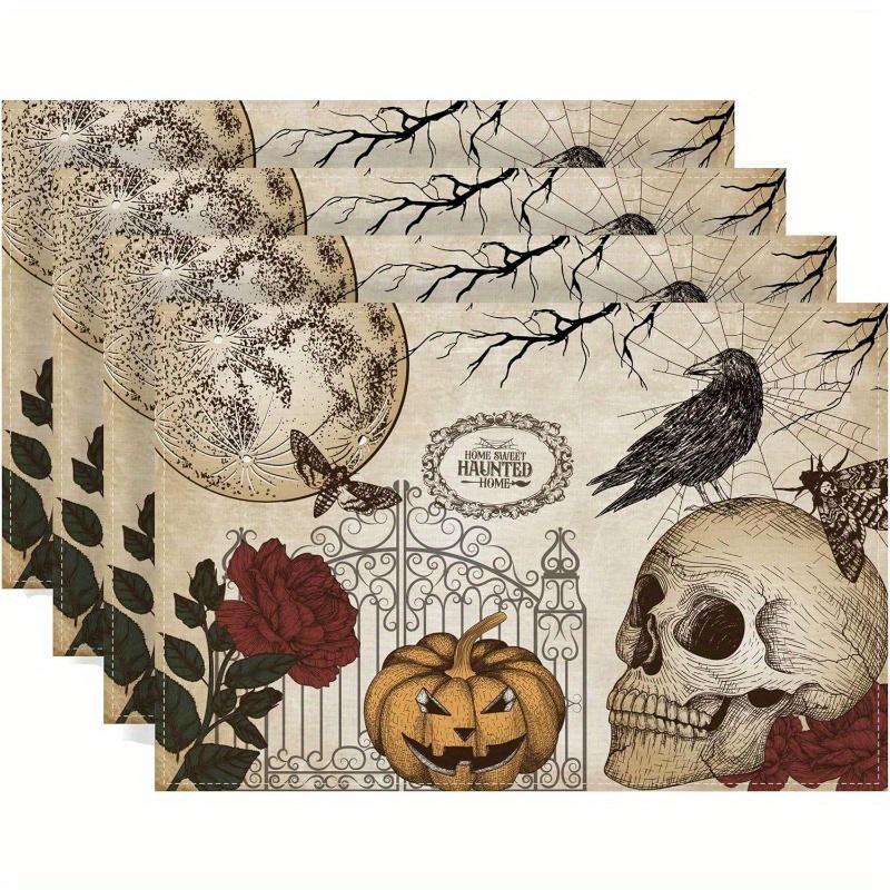 2Pcs Placemats Halloween Gothic Skull Table Mats Day of The Dead Roses Skull Decor Easter Decorations and Supplies for Home Kitchen