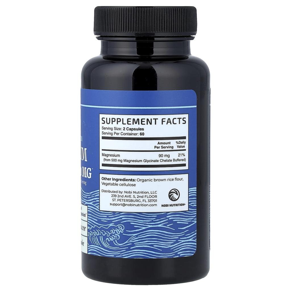 Nobi Nutrition Glycine de magnésium, absorption maximale, 500 mg, 120 capsules (250 mg par capsule)