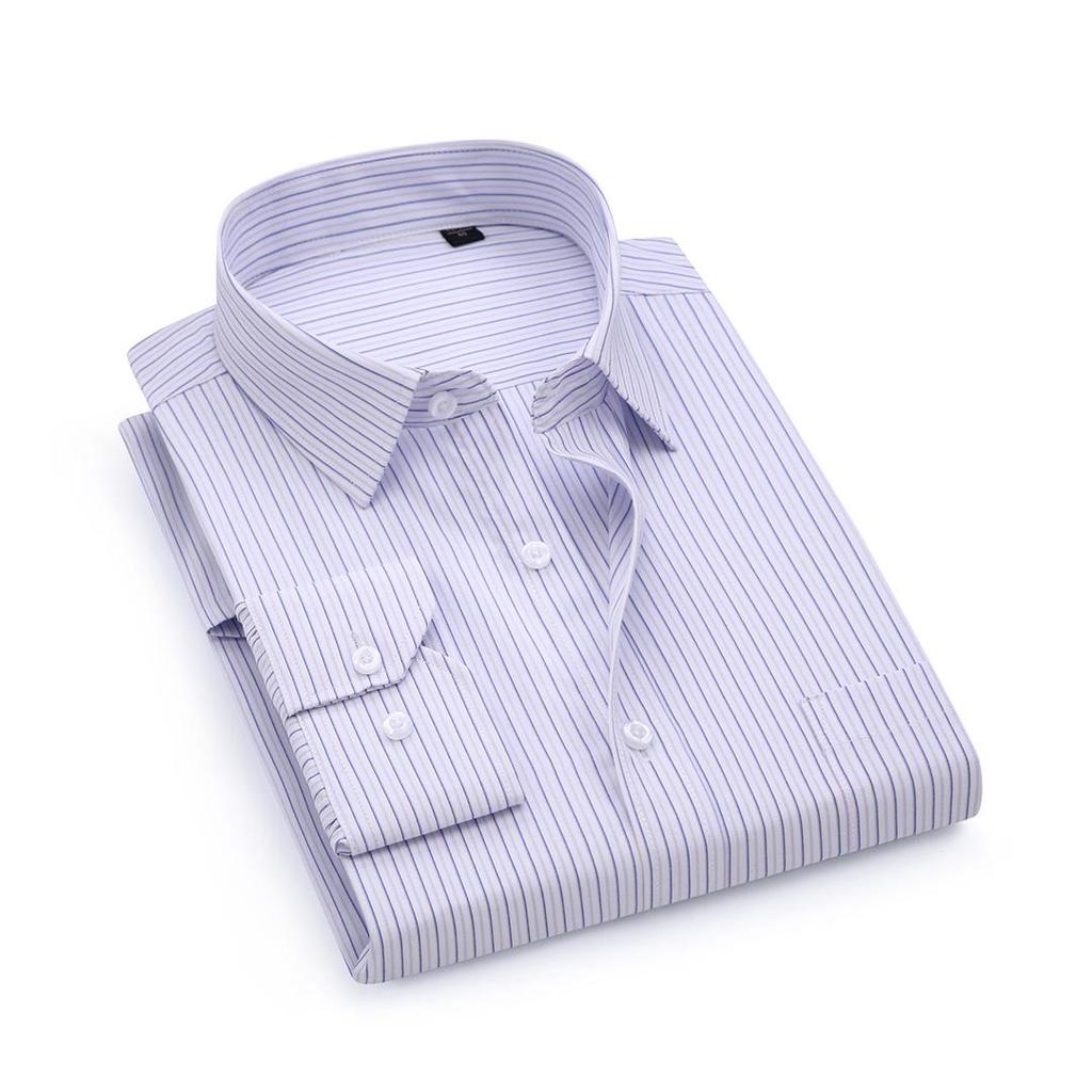 Men’s Striped Business Casual Long Sleeve Shirt, Iron-Free Slim Fit, Square Collar