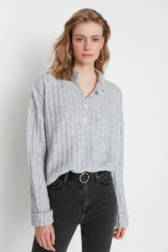 Women's Fashionable Stylish Sweater Stone Wide Fit Soft Textured High Collar Knitwear Sweater